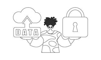 A man displaying a logo for cloud storage related to the Internet of Things, in a linear vector style