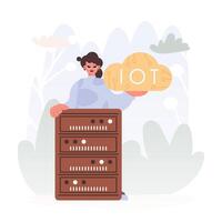 Young lady Getting a handle on the IoT Picture Inside the center of a Organize of Servers, Symbolizing the Interconnectivity and Mechanical Headways of Advanced Times. vector