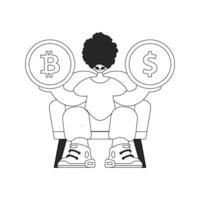 Inspiring man holding bitcoin and dollar coin in his hands. Linear black and white style. vector
