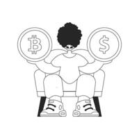 Inspiring man holding bitcoin and dollar coin in his hands. Linear black and white style. vector