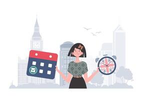 el concepto de aprendizaje inglés. mujer profesor muestra ese es hora a aprender inglés. de moda estilo. ilustración en vector. vector