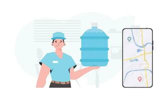 Water delivery concept. The man is holding a large water bottle. The trendy character is shown to the waist. Vector illustration.