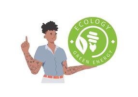 un hombre sostiene el eco logo en su manos. el personaje es representado a el cintura. el concepto de verde energía y ecología. aislado en blanco antecedentes. de moda estilo. vector ilustración.