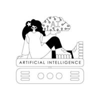 Girl and AI server in linear vector style with artificial intelligence theme