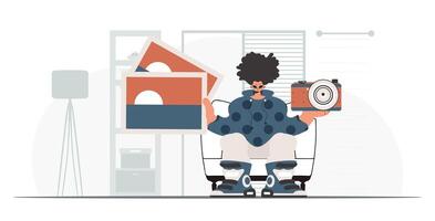 A man sitting in a chair holding a camera vector