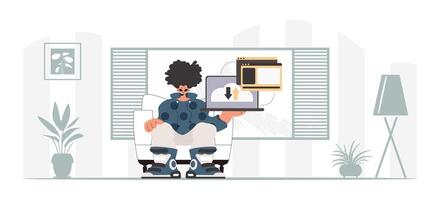 A man sitting in a chair with a laptop vector
