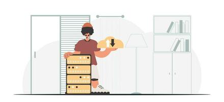 Synchronization and security of information capacity concept. The boy is holding a information cloud and a server. Trendy style, Vector Illustration