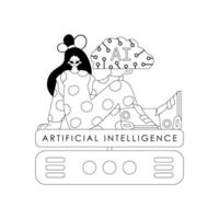 Girl and AI server in a linear style exploring Artificial Intelligence themes vector