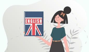 el concepto de aprendizaje inglés. un mujer sostiene un Inglés diccionario en su manos. plano moderno estilo. vector ilustración.