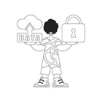 Guy holding cloud storage logo for IoT in a linear vector style