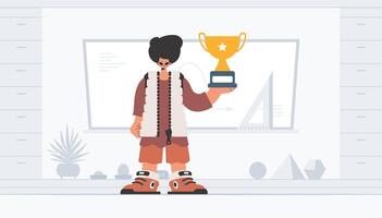 A cartoon character holding a trophy vector