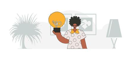 An elegant guy holds a light bulb in his hands. Idea theme. Retro trendy style. vector