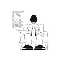 Man holds calculator. Linear vector illustration.