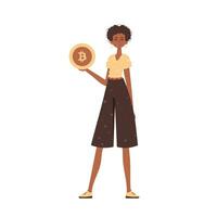 niña participación un bitcoin moneda en su manos. personaje en un moderno de moda estilo. vector