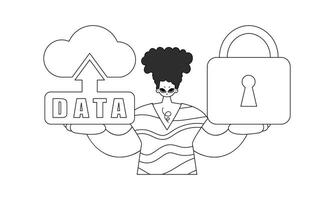 Guy holding logo of cloud storage for the Internet of Things, in a vector linear style