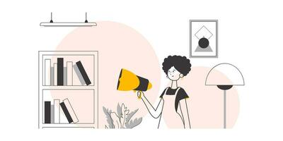 The woman is holding a bullhorn in her hands. Minimalistic linear style. Vector illustration.