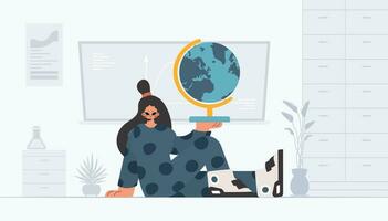 Energized lady holding a colossal globe, learning subject. Trendy style, Vector Illustration