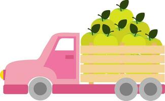 Vector illustration with pink truck with green apples in cartoon style