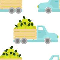 Vector seamless pattern with trucks with green apples in cartoon style