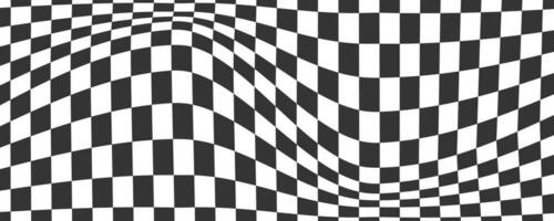 Checkerboard wavy pattern. Abstract chess square print. Black and white psychedelic optical illusion. Warped flag with geometric graphic. Y2k design for banner vector