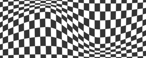 Checkerboard wavy pattern. Abstract chess square print. Black and white psychedelic optical illusion. Warped flag with geometric graphic. Y2k design for banner vector