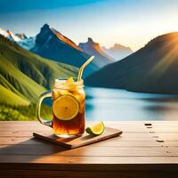 Lemon tea drink served with glass filled with ice and lemon slices exotic background of mountains, rivers, lakes great for business, wallpaper, blog, company, website etc. Generative AI technology photo