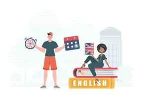 el concepto de aprendizaje inglés. hombre y mujer Inglés maestro. plano moderno estilo. vector. vector