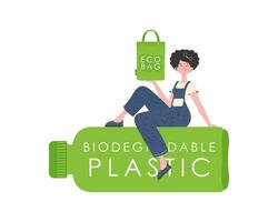 A woman sits on a bottle made of biodegradable plastic and holds an ECO BAG in her hands. Concept of green world and ecology. Isolated on white background. Trend style.Vector illustration. vector