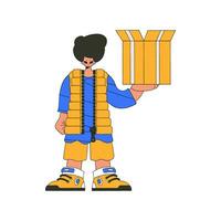Charming man holding a box in his hands. The essence of delivering packages and freight. vector