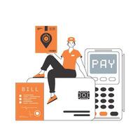 The boy is sitting on a bank card and holding a parcel. Delivery concept. Linear style. Isolated on white background. illustration. vector