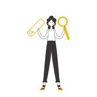 The girl is holding a magnifying glass in her hands. Search concept. Line art style. Isolated on white background. Vector. vector