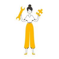 A woman is holding a wrench and a puzzle. Teamwork theme. Linear style. Isolated. . vector