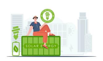 The concept of ecology and green energy. The guy sits on the solar panel and holds the ECO logo in his hands. trendy style. Vector illustration.