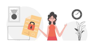 Smart contract concept. Data protection. The woman is holding a contract in her hand. vector