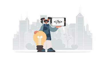 A man holding up a tablet with the word html vector