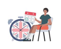 A man, a calendar with a marked date and a clock. The concept of learning English. Isolated. Flat modern style. . vector