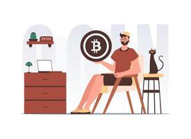 The concept of mining and extraction of bitcoin. The guy sits in a chair and holds a bitcoin in the form of a coin in his hands. Character in modern trendy style. vector