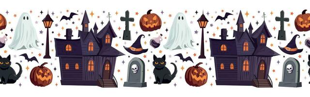 Halloween seamless border with haunted house, scary pumpkin lantern, black cat, and ghost.Vector illustration. Isolated on white background. Background for autumn holiday decorative design. vector