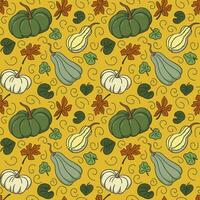 Cuty autumn green and white pumpkin seamless pattern with colored leaves on yellow background. Variation of forms of squashes with leaves. Cute design for wrappin, decoration, home decor, kids textile vector