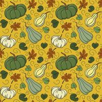 Cuty autumn green and white pumpkin seamless pattern with colored leaves on yellow background. Variation of forms of squashes with leaves. Cute design for wrappin, decoration, home decor, kids textile vector