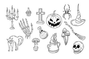 Big scary Halloween doodle set of hand drawn items. Sketch isolated horror elements for halloween party decoration. Minimalistic holiday design for coloring pages, stickers, tatoo vector