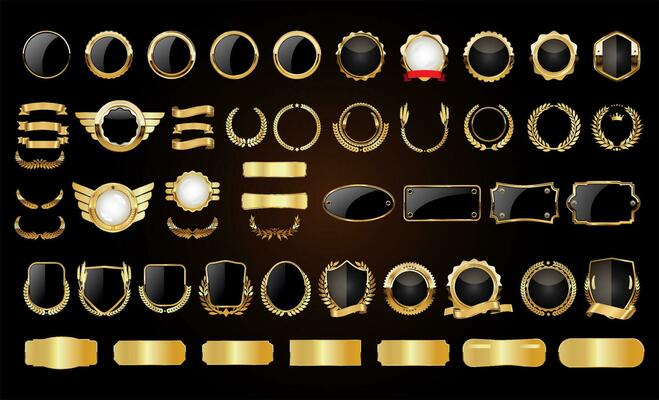 Golden badges labels shields and laurel wreaths collection