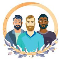 Tres hombres de diferente carrera y piel color retrato en plano moderno estilo.internacional de los hombres día pancarta, cartel diseño.vector ilustración.padre día concepto diferente hombres con barbas vector