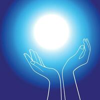 World Kindness Day poster,banner,logo design. Open cupped hands on blue gradient background with space for text vector illustration. Random Acts of Kindness Day.Open glowing hands Donation concept