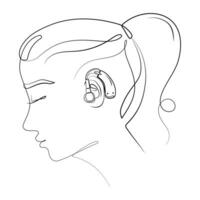 Woman's face with a hearing aid on her ear logo, icon or emblem, print, poster design.Line art drawing in a Minimalist style. Vector illustration. World deaf day. Hearing problems in people concept.