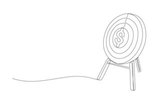 Continuous one line drawing of archery target with dollar sign as bullseye, financial goal concept, single line design vector illustration.