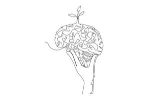 Continuous one line drawing of hand holding brain with young tree on top, personal development, growth mindset concept, single line art. vector