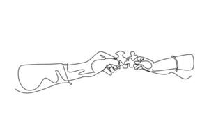 Single one line drawing two hands holding puzzle pieces, want to merge together. Father or mother and son teamwork to build super family. Modern continuous line draw design graphic vector illustration