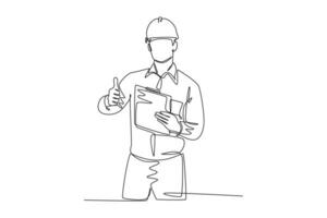 Single continuous line drawing young construction worker foreman carrying clipboard and giving thumbs up gesture. Building constructor concept. Dynamic one line draw graphic design vector illustration