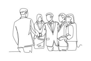 Single one line drawing business man handshake his colleague to deal a big project. Successful business meeting or cooperation concept. Modern continuous line draw design graphic vector illustration